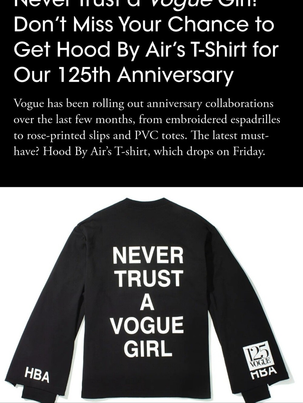Hood Bv Air HBA Shirt 125 Voque Double Flap Sleeves. "Never Trust A Vogue Girl"